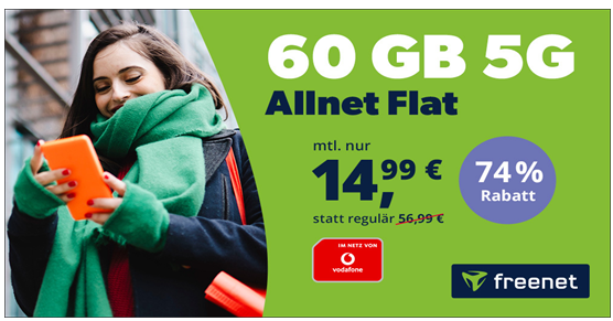 Aktion freenet Vodafone 60GB 5G Allnet Flat für nur 14,99 Euro